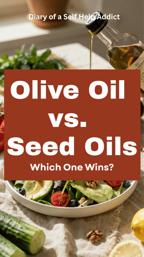 A Mediterranean-inspired table filled with colorful vegetables, tomatoes, cucumbers, avocados, leafy greens, berries, walnuts, fresh herbs, lemons, and a bottle of extra virgin olive oil being drizzled over a vibrant salad in bright natural light.