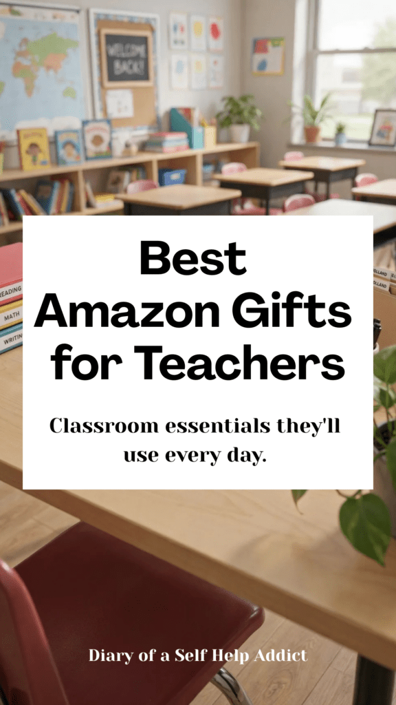 A bright, organized teacher's desk filled with colorful school supplies including binders, gel pens, dry erase markers, file folders, sticky flags, scissors, a planner, sanitizer, and an electric pencil sharpener. Natural lighting with a welcoming classroom in the background.