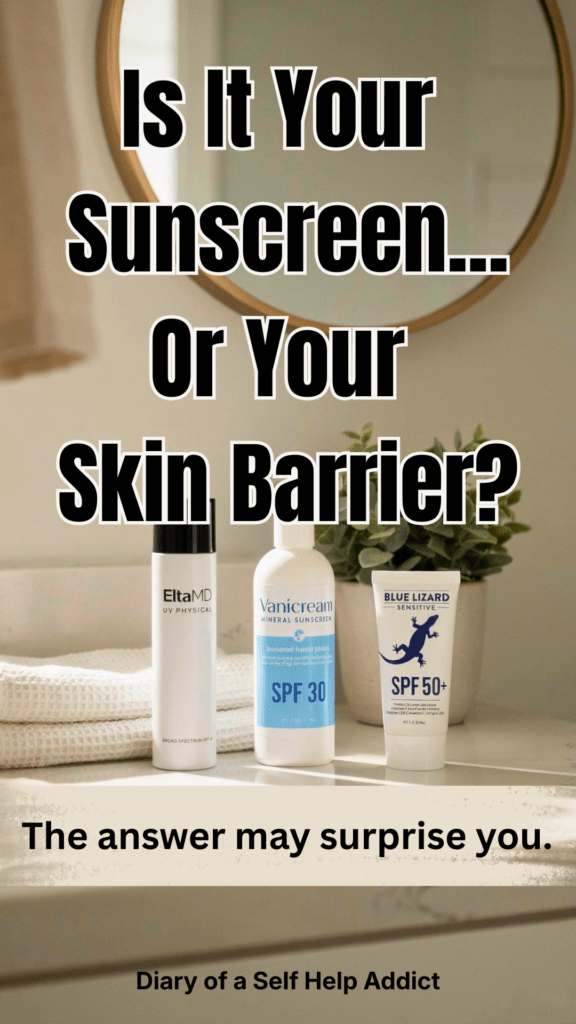 A bright white bathroom vanity with three mineral sunscreen bottles (EltaMD UV Physical, Vanicream Mineral SPF 30, and Blue Lizard Sensitive SPF 50+) arranged beside a soft white towel, a small green plant, and a round mirror. Clean, minimalist aesthetic with natural morning light. Soft neutral colors, spa-like feel, no people.