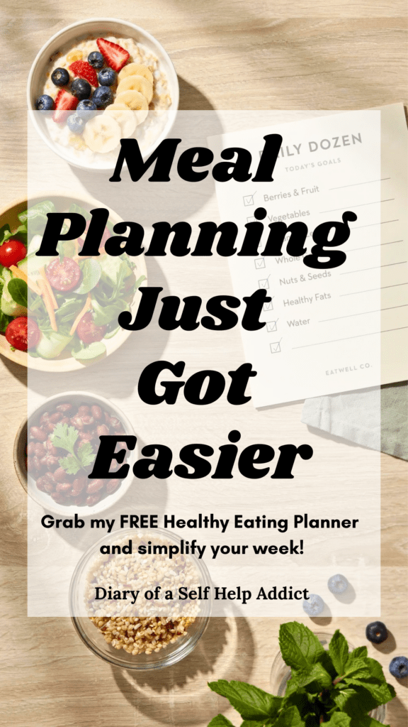 A healthy meal prep scene featuring oatmeal with berries, leafy green salad, beans, whole grains, and a printable Daily Dozen checklist on a kitchen counter.