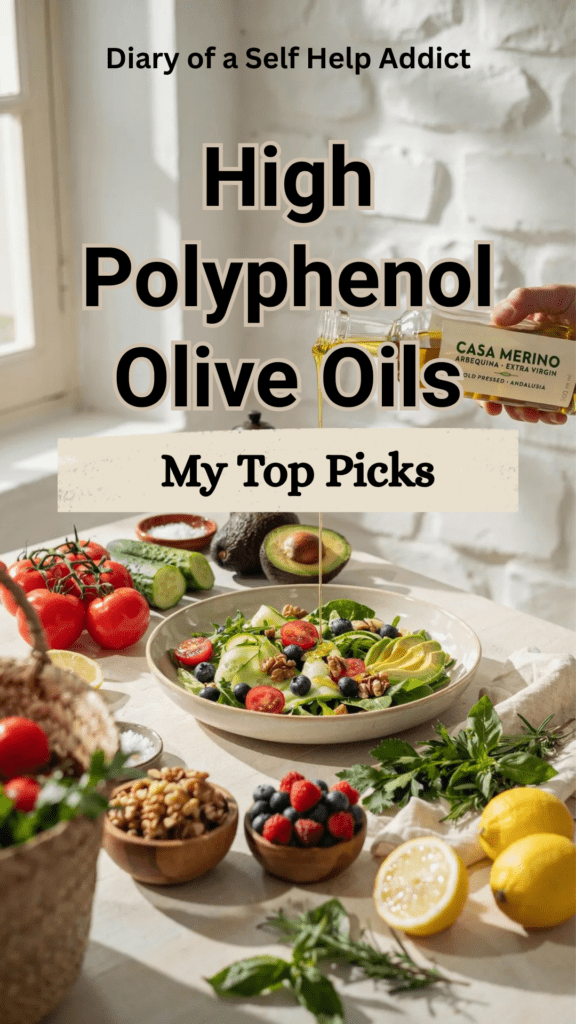 A Mediterranean-inspired table filled with colorful vegetables, tomatoes, cucumbers, avocados, leafy greens, berries, walnuts, fresh herbs, lemons, and a bottle of extra virgin olive oil being drizzled over a vibrant salad in bright natural light.