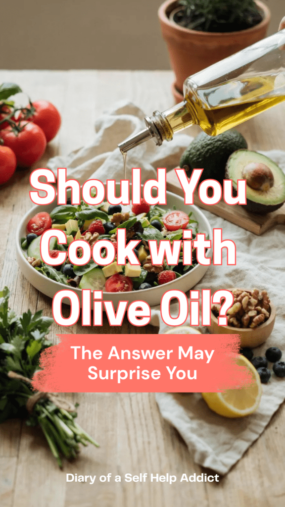 A Mediterranean-inspired table filled with colorful vegetables, tomatoes, cucumbers, avocados, leafy greens, berries, walnuts, fresh herbs, lemons, and a bottle of extra virgin olive oil being drizzled over a vibrant salad in bright natural light.
