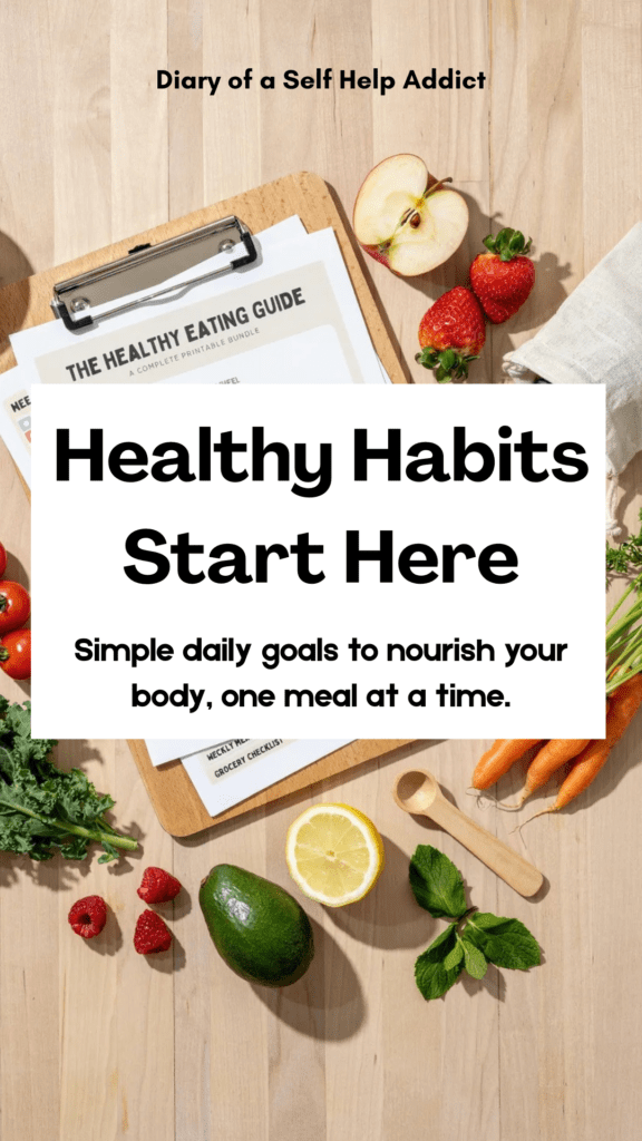 The Healthy Eating Guide printable bundle displayed on a clipboard with colorful fruits and vegetables surrounding it.