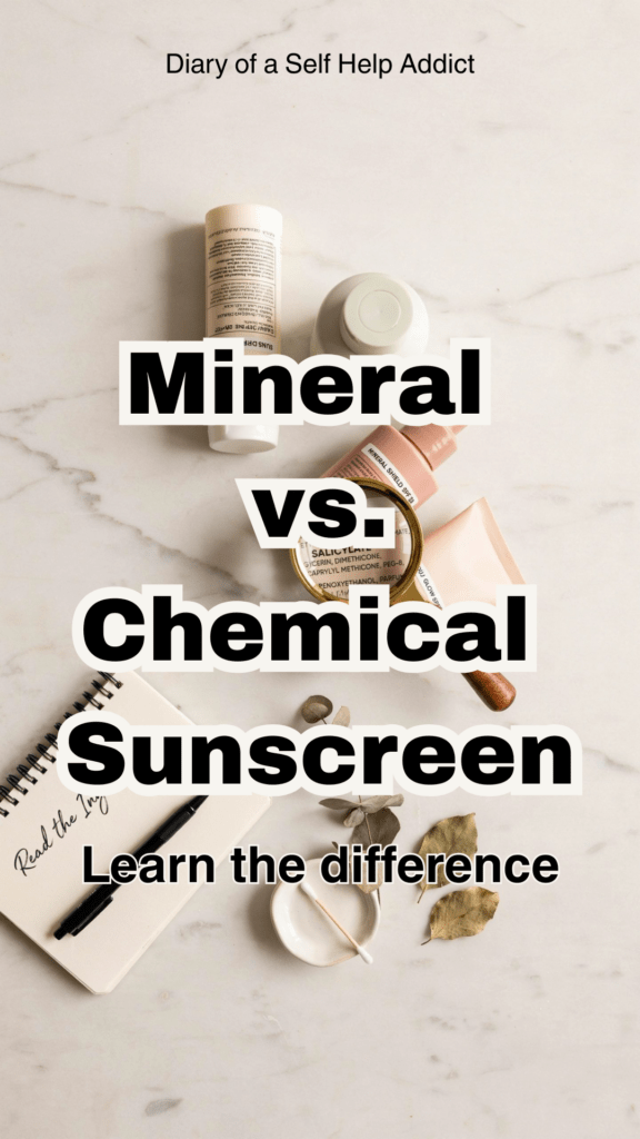 Flat lay of several sunscreen bottles turned upside down showing ingredient lists, with a magnifying glass highlighting the words "Butyloctyl Salicylate." White marble background with a notebook labeled "Read the Ingredients," soft neutral colors, educational and clean composition.