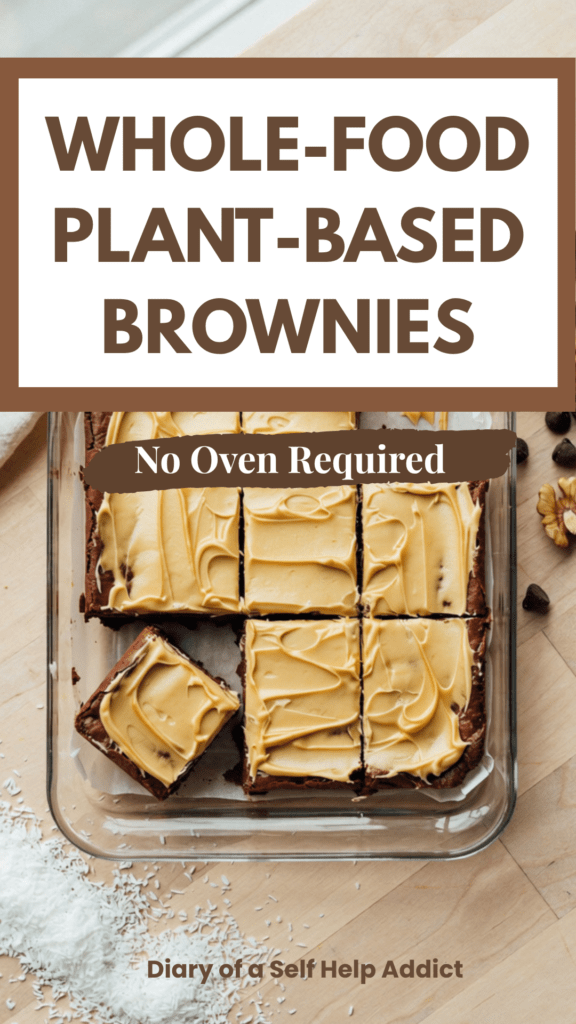 Overhead food photography of an 8x8-inch glass baking dish filled with neat squares of no-bake chocolate brownies topped with smooth white cashew cream frosting. A few brownies are removed from one corner, with scattered walnuts, shredded coconut, and a few chocolate chips around the dish. Clean parchment paper edges visible. Bright, natural lighting with a cozy homemade aesthetic.