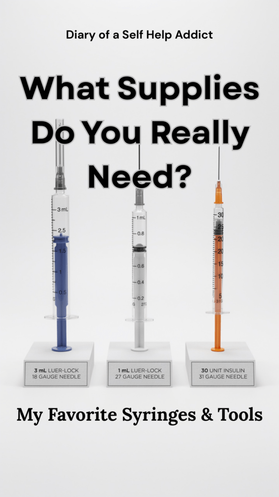 A side-by-side display comparing a 3 mL luer-lock syringe with an 18-gauge needle, a 1 mL luer-lock syringe with a 27-gauge needle, and a 30-unit insulin syringe with a 31-gauge needle. White background with subtle labels, clean educational aesthetic, highly detailed medical photography.