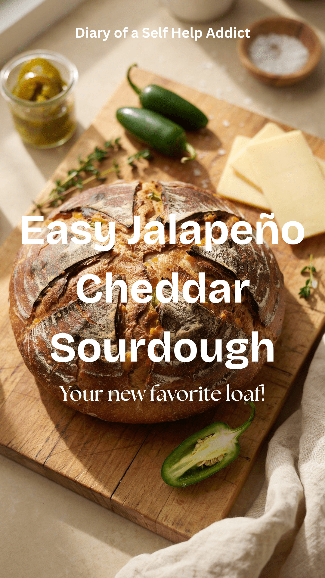 A rustic, golden-brown round loaf of jalapeño cheddar sourdough sitting on a wooden cutting board, with a few slices of creamy cheddar and fresh/pickled jalapeño peppers scattered around it. The crust is deeply browned and artisan-looking, with a beautiful scored design across the top. Warm, natural kitchen lighting and a cozy homemade-baking aesthetic.