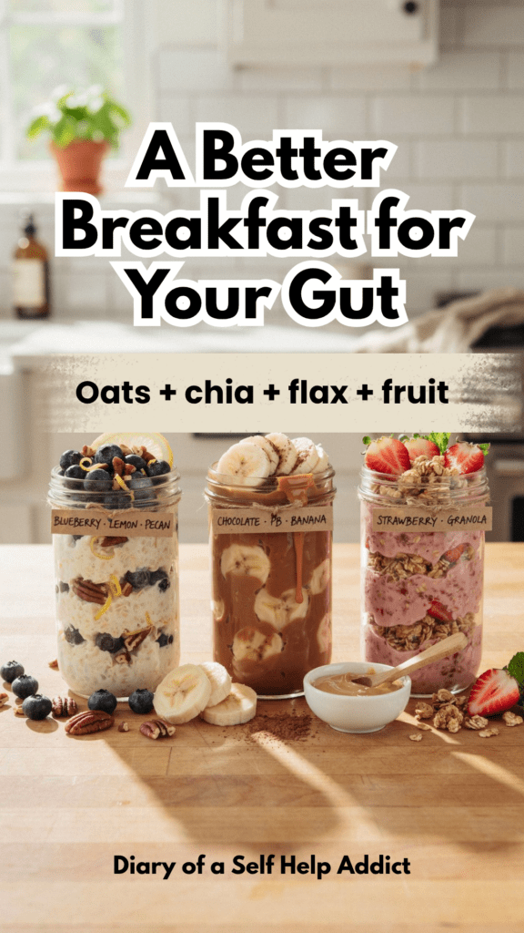 Three beautiful glass jars of overnight oats lined up together: blueberry-lemon-pecan, chocolate-peanut-butter-banana, and strawberry-granola. Each jar looks distinctly different and generously topped. Ingredients scattered naturally around the jars. Bright, inviting kitchen scene that shows how one simple overnight oats recipe can become three completely different breakfasts.