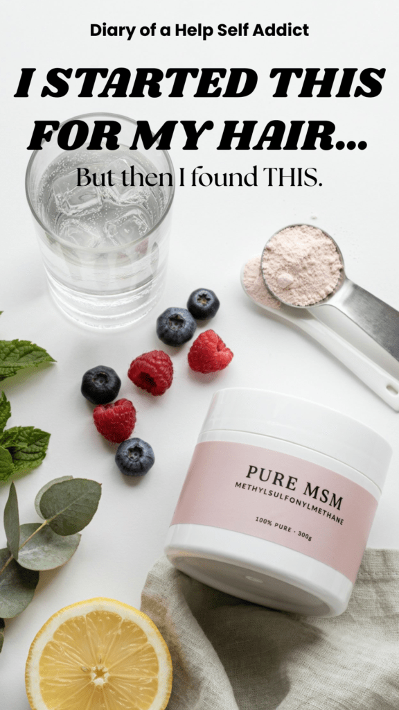 A bright overhead wellness flat lay featuring a glass of water, a small spoon of white MSM powder, a scoop, fresh berries, green leaves, and a simple supplement container. Clean, fresh, natural aesthetic with plenty of white space for Pinterest text overlay.
