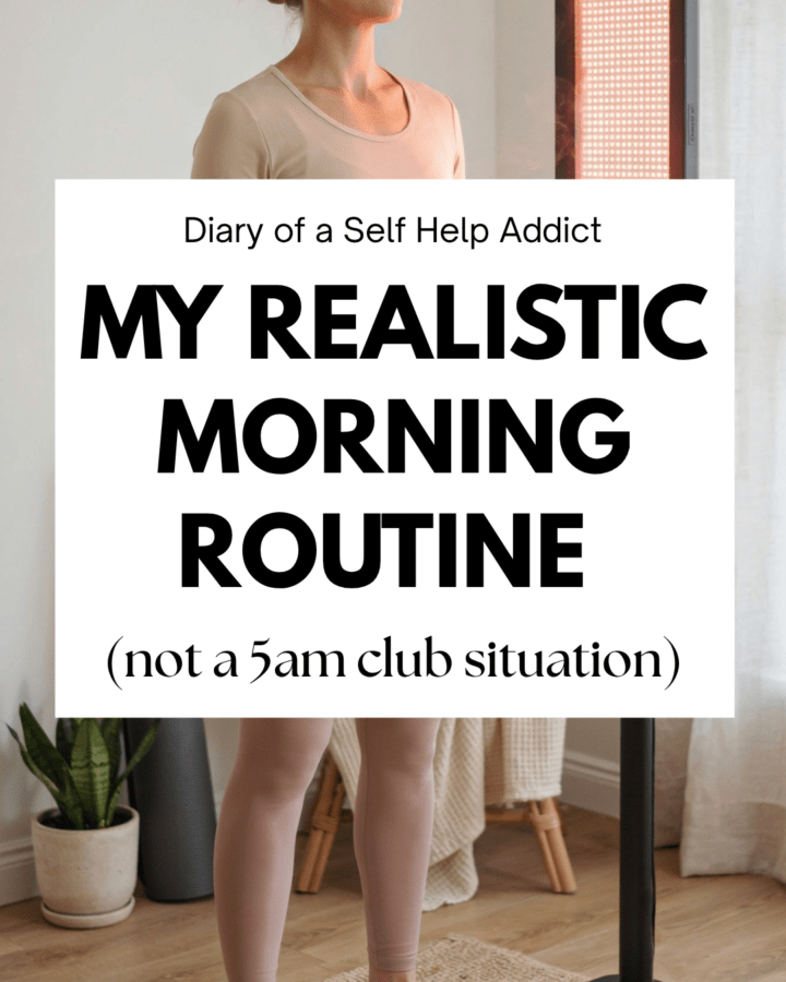 A woman standing on a vibration plate in a bright home wellness corner, facing a red light therapy panel that's glowing warmly, soft morning light, cozy minimalist room with a yoga mat rolled nearby and a small plant, calm focused expression, athleisure in neutral tones, wellness-lifestyle photography style, no text.