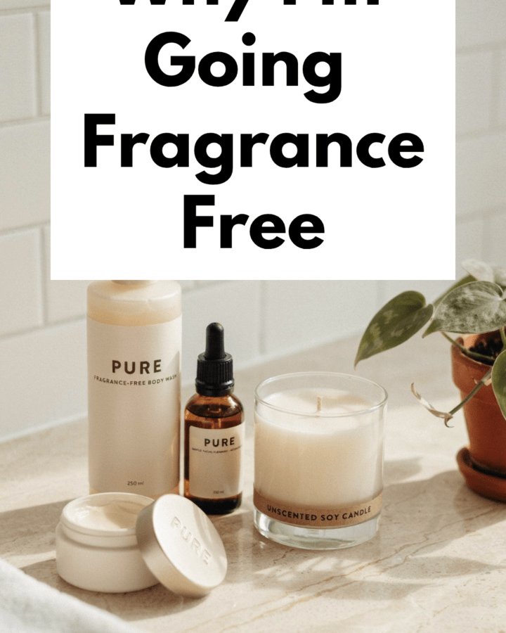 A bright, clean bathroom or vanity scene featuring simple fragrance-free personal-care products, an unscented candle, folded white towels and minimal decor. Natural light, warm and realistic rather than overly clinical.