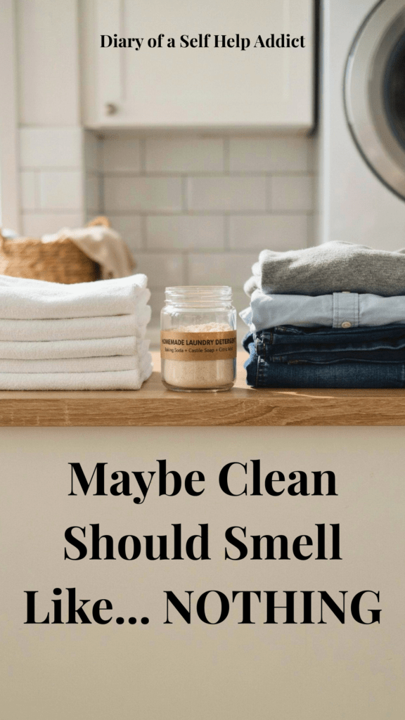 Freshly folded towels and clothing beside a simple container of homemade laundry detergent in a bright laundry-room setting. Clean and realistic, without flowers or overly staged decor.