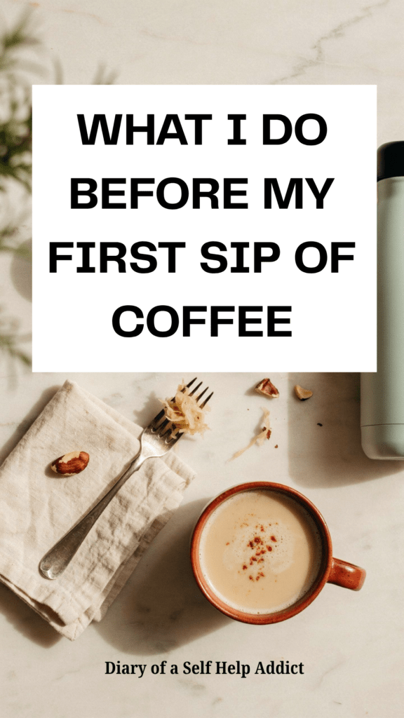 A warm, softly lit flat lay on a light wood or marble surface: a small glass jar of coconut oil, a hydrogen water bottle, a wedge of lemon, a single Brazil nut on a small linen napkin, a fork with a bite of sauerkraut, and a mug of creamy coffee with a dusting of cayenne on top. Soft natural morning light coming from one side, muted warm color palette (cream, sage green, terracotta), minimal styling, wellness-blog aesthetic, no text.