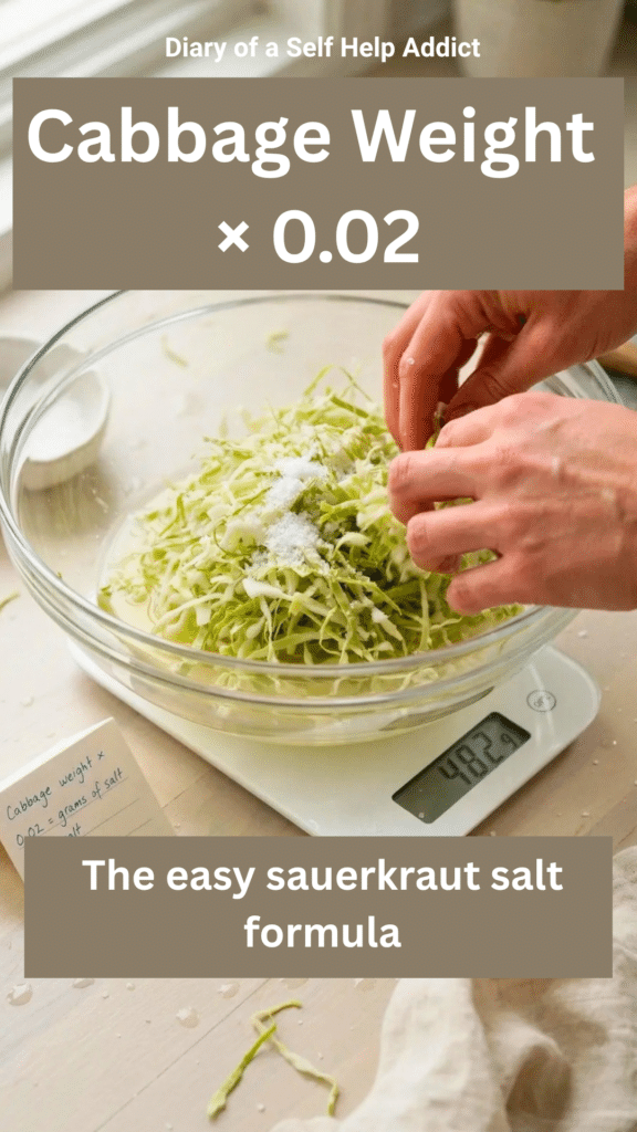 A close-up action photograph of hands massaging finely shredded green cabbage and salt in a large glass bowl sitting on a digital kitchen scale. A little natural brine is beginning to collect at the bottom. Include a small handwritten-style recipe card nearby showing: “Cabbage weight × 0.02 = grams of salt.” Soft natural window light, realistic home kitchen, clean but lived-in feeling.