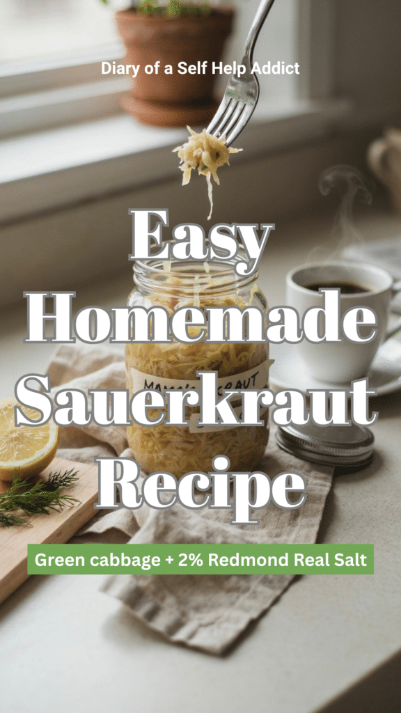 A cozy morning kitchen scene with an open jar of finished homemade sauerkraut, a fork holding a small bite, and a steaming cup of coffee beside it. The sauerkraut should look crisp, pale golden-green, juicy, and appetizing. Warm morning light with a personal, wellness-routine feeling—simple, natural, and realistic rather than clinical.