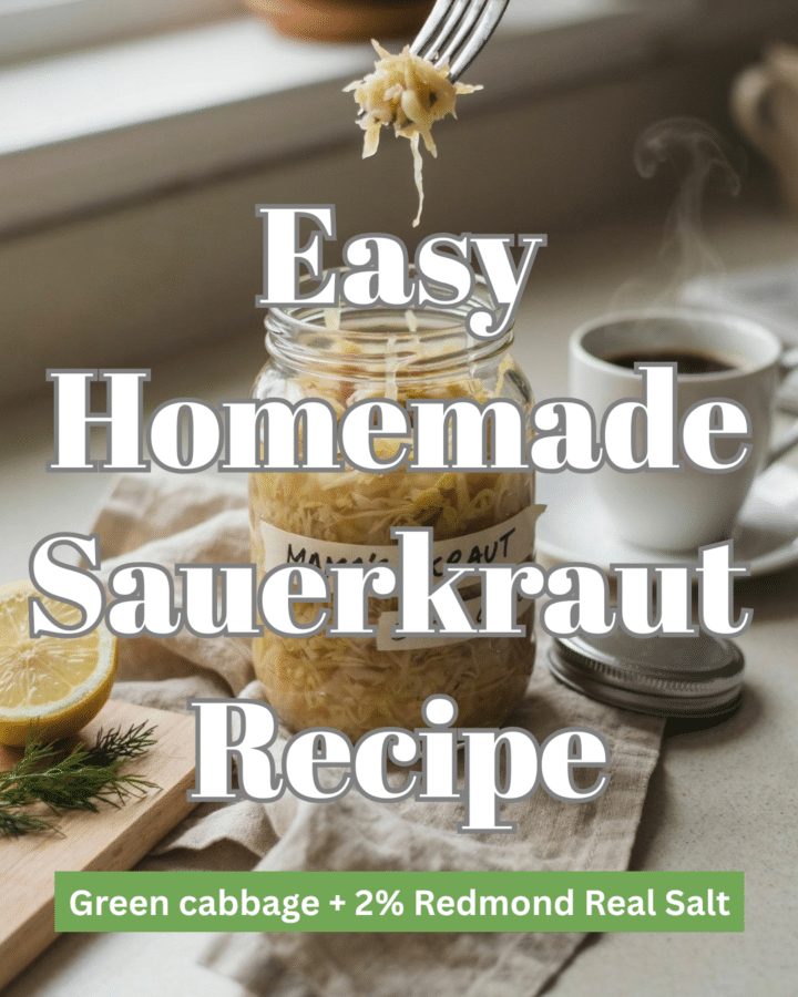 A cozy morning kitchen scene with an open jar of finished homemade sauerkraut, a fork holding a small bite, and a steaming cup of coffee beside it. The sauerkraut should look crisp, pale golden-green, juicy, and appetizing. Warm morning light with a personal, wellness-routine feeling—simple, natural, and realistic rather than clinical.