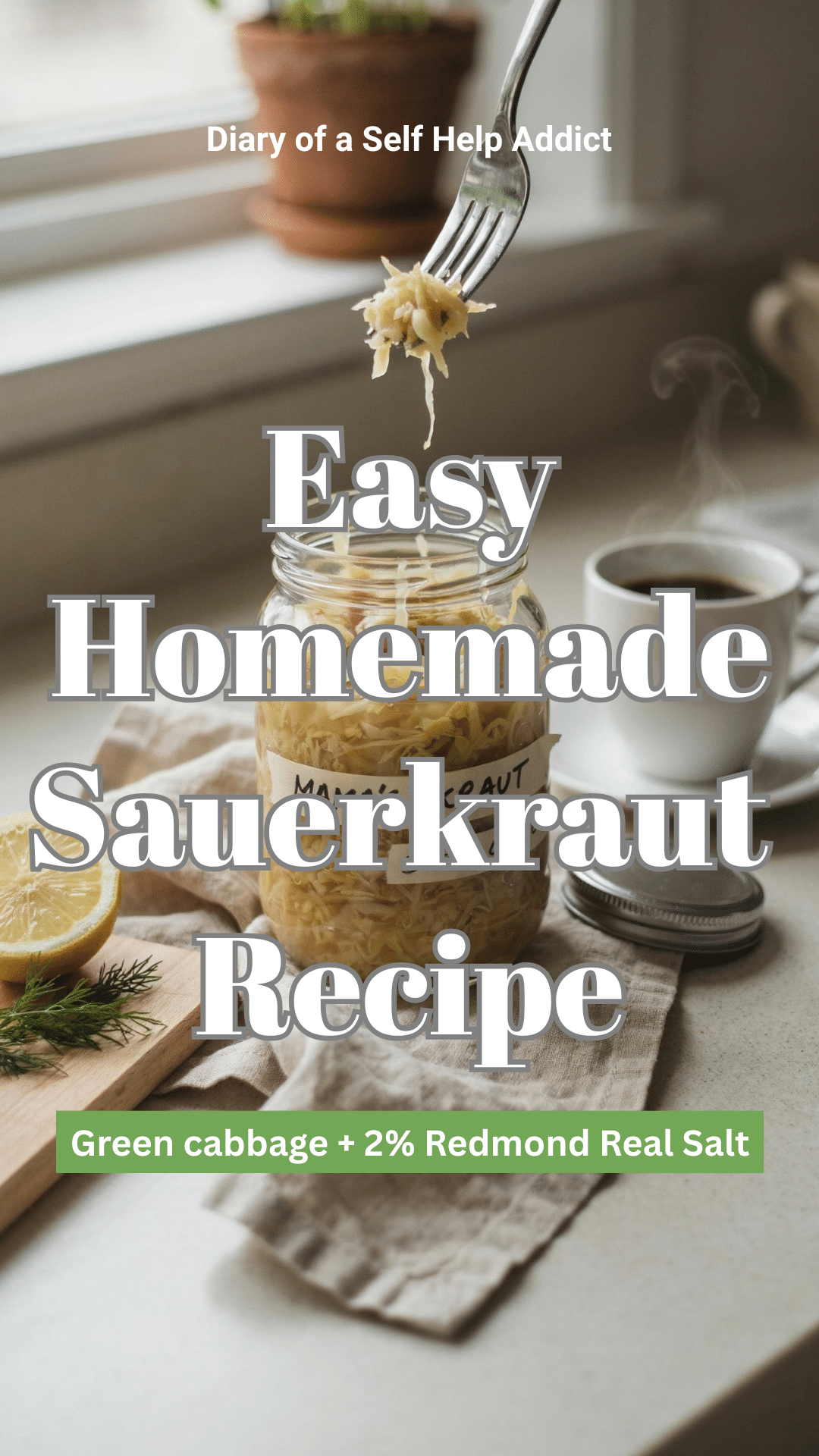 A cozy morning kitchen scene with an open jar of finished homemade sauerkraut, a fork holding a small bite, and a steaming cup of coffee beside it. The sauerkraut should look crisp, pale golden-green, juicy, and appetizing. Warm morning light with a personal, wellness-routine feeling—simple, natural, and realistic rather than clinical.