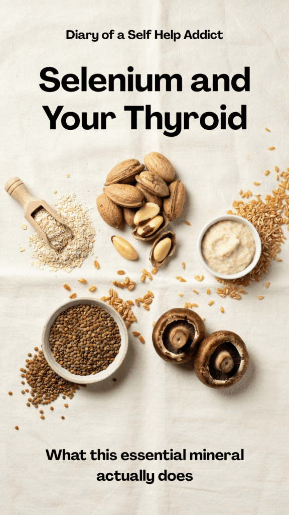 A bright flat lay featuring Brazil nuts, whole grains, oatmeal, brown rice, lentils, and portobello mushrooms arranged on a light background. The Brazil nut should remain the visual focus while the other foods subtly represent additional food sources of selenium.