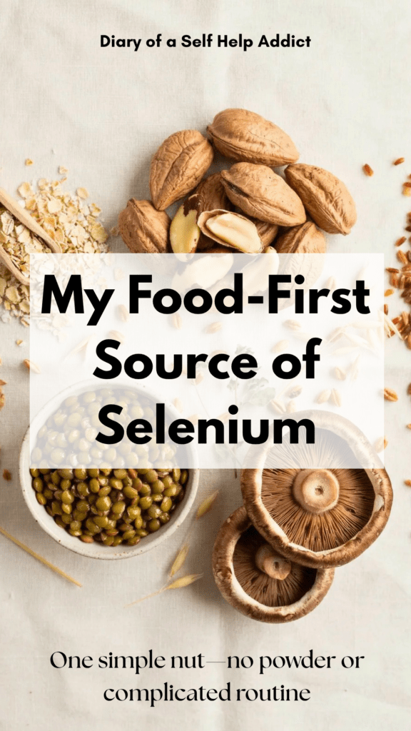 A bright flat lay featuring Brazil nuts, whole grains, oatmeal, brown rice, lentils, and portobello mushrooms arranged on a light background. The Brazil nut should remain the visual focus while the other foods subtly represent additional food sources of selenium.
