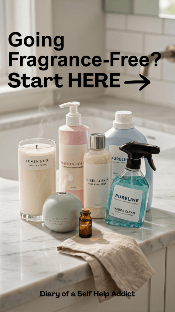 An assortment of everyday fragranced products—candle, essential-oil diffuser, shampoo, lotion, laundry detergent and cleaning spray—arranged together to illustrate just how many sources of fragrance can be found around the home.