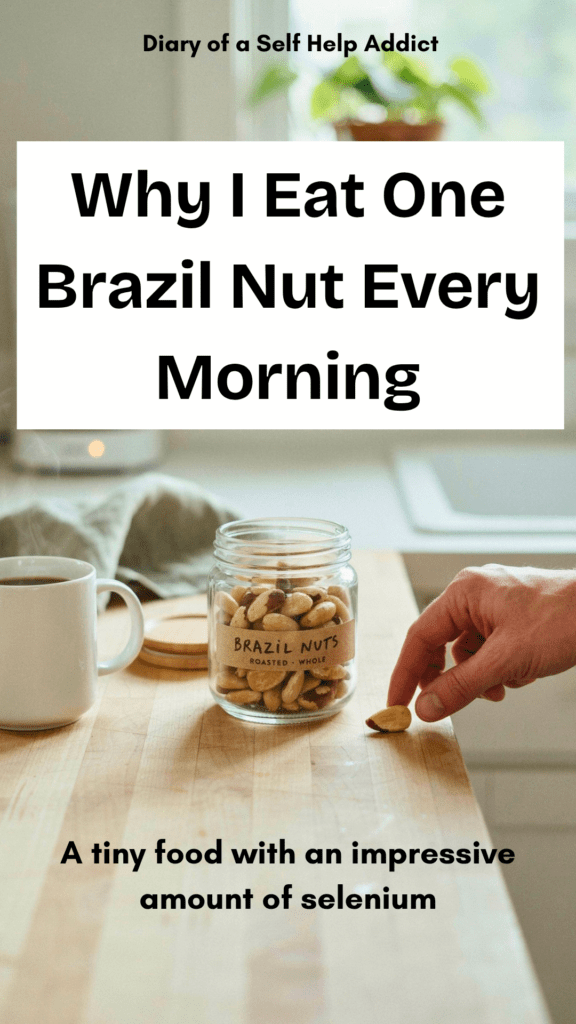 A hand reaching for one Brazil nut from a glass jar beside a coffee maker or coffee mug in a sunlit kitchen. The image should feel realistic and attainable—not overly styled—and communicate an easy habit connected to an established morning routine.