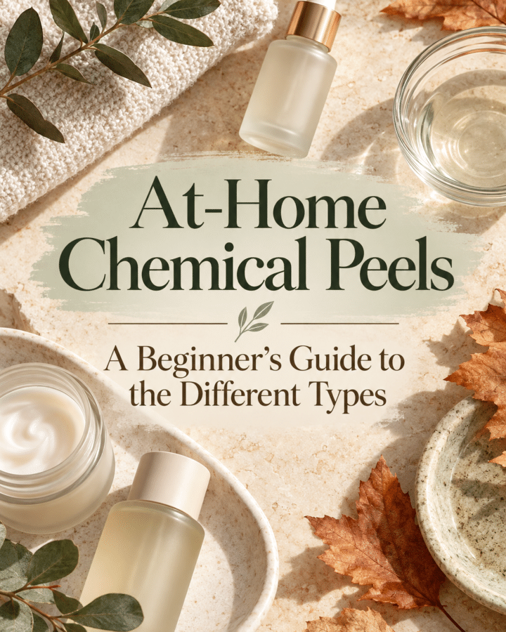 Skincare bottles, a towel, and autumn leaves arranged on a cream-colored surface, with the text “At-Home Chemical Peels: A Beginner’s Guide to the Different Types.”