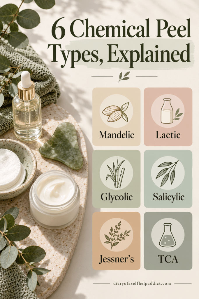 A skincare flat lay beside six labeled cards for mandelic, lactic, glycolic, salicylic, Jessner’s, and TCA peels.