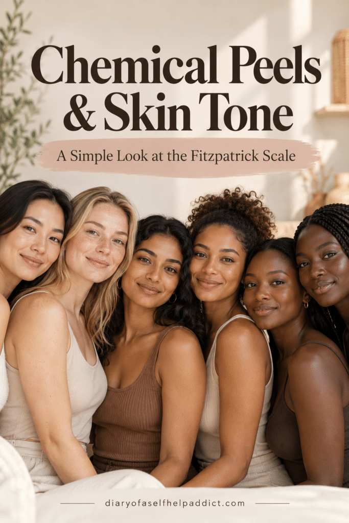A group of women with a range of skin tones beneath the text “Chemical Peels & Skin Tone: A Simple Look at the Fitzpatrick Scale.”