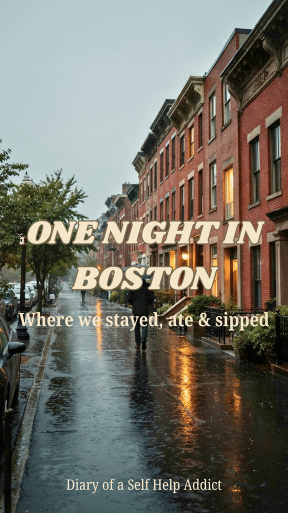 A vertical photograph of a Back Bay street with beautiful brownstones, rain-darkened sidewalks, and someone carrying a large umbrella. Warm window lights give it a cozy feel. Leave room at the top for “One Night in Boston.”