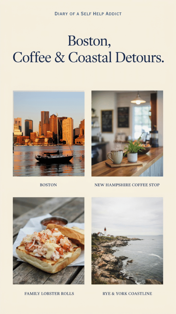 A four-photo collage featuring Boston, a New Hampshire coffee stop, your family’s lobster rolls, and the coastline around Rye or York. Use cream borders and navy lettering. Text: “Boston, Coffee & Coastal Detours.”