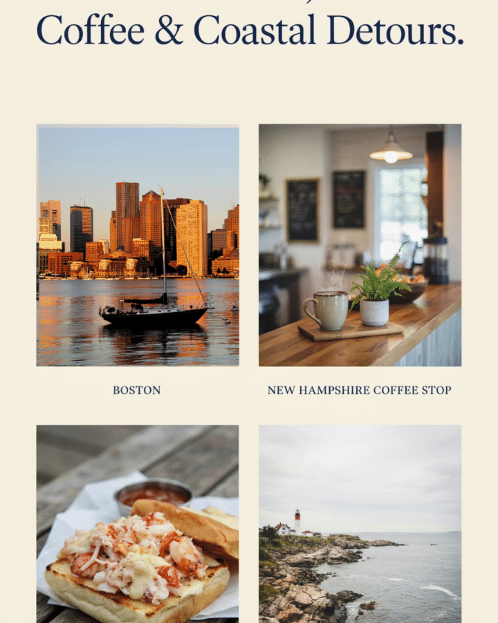 A four-photo collage featuring Boston, a New Hampshire coffee stop, your family’s lobster rolls, and the coastline around Rye or York. Use cream borders and navy lettering. Text: “Boston, Coffee & Coastal Detours.”