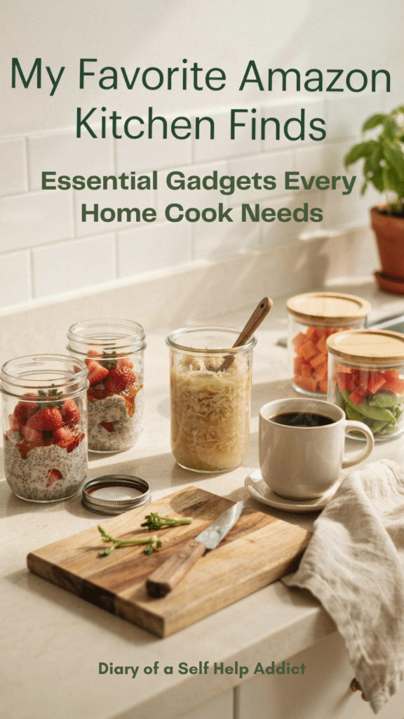 A sunlit kitchen counter with glass jars of overnight oats, homemade sauerkraut, glass containers filled with colorful vegetables, and a mug of coffee. Add a wooden cutting board and neutral linen towel. Use warm cream, natural wood, and muted green tones. Leave space for “My Favorite Amazon Kitchen Finds.” Feature your actual products where possible.