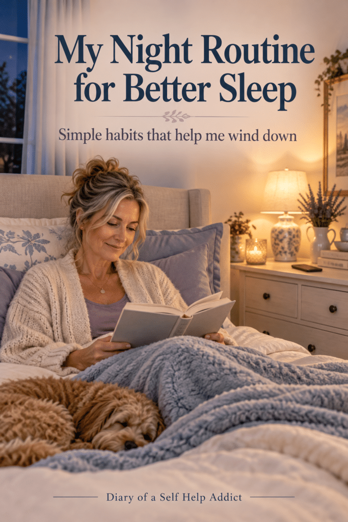 Create a vertical 2:3 Pinterest blog graphic for “Diary of a Self Help Addict.” Show a peaceful, softly lit bedroom at night in warm cream, dusty blue, and muted lavender. A woman in her early 50s sits comfortably in bed reading a real paper book; her phone is face down on a dresser across the room. Add a soft bedside lamp, cozy neutral bedding, and a calm, realistic lifestyle-blog aesthetic. Use elegant, highly legible typography and leave generous negative space. Text overlay: “My Night Routine for Better Sleep.” Small subtext: “Simple habits that help me wind down.” Add “Diary of a Self Help Addict” subtly at the bottom. Keep text spelled exactly as written.