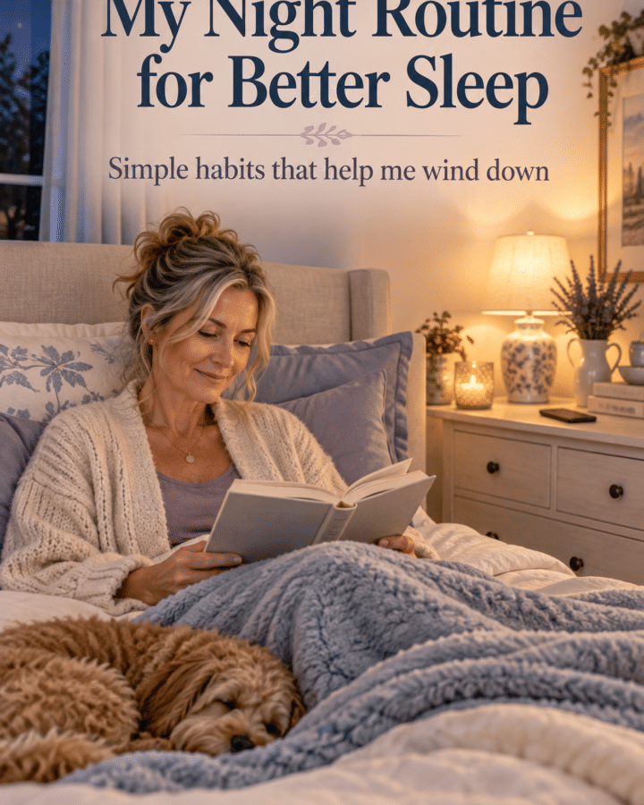 Create a vertical 2:3 Pinterest blog graphic for “Diary of a Self Help Addict.” Show a peaceful, softly lit bedroom at night in warm cream, dusty blue, and muted lavender. A woman in her early 50s sits comfortably in bed reading a real paper book; her phone is face down on a dresser across the room. Add a soft bedside lamp, cozy neutral bedding, and a calm, realistic lifestyle-blog aesthetic. Use elegant, highly legible typography and leave generous negative space. Text overlay: “My Night Routine for Better Sleep.” Small subtext: “Simple habits that help me wind down.” Add “Diary of a Self Help Addict” subtly at the bottom. Keep text spelled exactly as written.