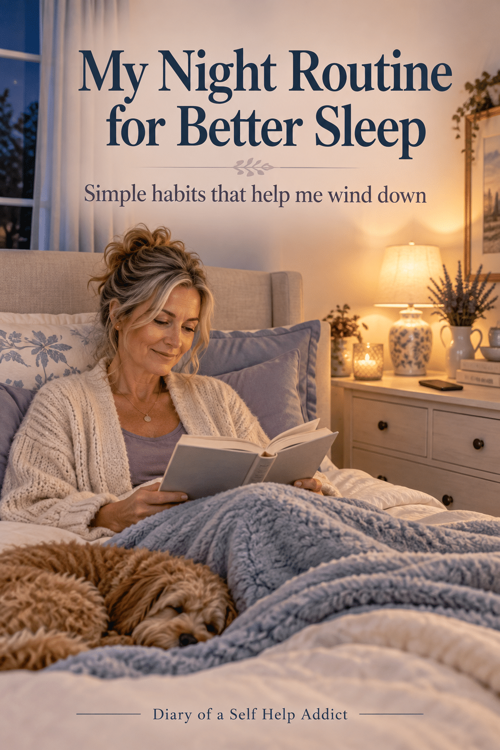 Create a vertical 2:3 Pinterest blog graphic for “Diary of a Self Help Addict.” Show a peaceful, softly lit bedroom at night in warm cream, dusty blue, and muted lavender. A woman in her early 50s sits comfortably in bed reading a real paper book; her phone is face down on a dresser across the room. Add a soft bedside lamp, cozy neutral bedding, and a calm, realistic lifestyle-blog aesthetic. Use elegant, highly legible typography and leave generous negative space. Text overlay: “My Night Routine for Better Sleep.” Small subtext: “Simple habits that help me wind down.” Add “Diary of a Self Help Addict” subtly at the bottom. Keep text spelled exactly as written.