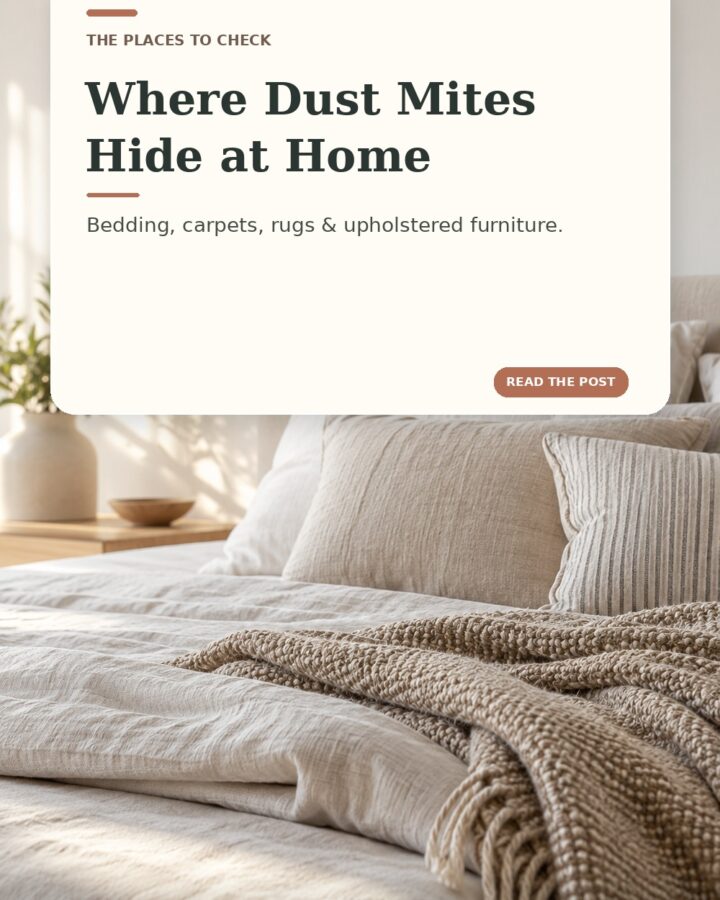 Vertical close-up photo pin of a white bed, layered pillows, and a textured blanket in soft morning light. Overlay text reads “Where Dust Mites Hide at Home” and “Bedding, carpets, rugs & upholstered furniture.” A small brand signature appears along the lower edge.